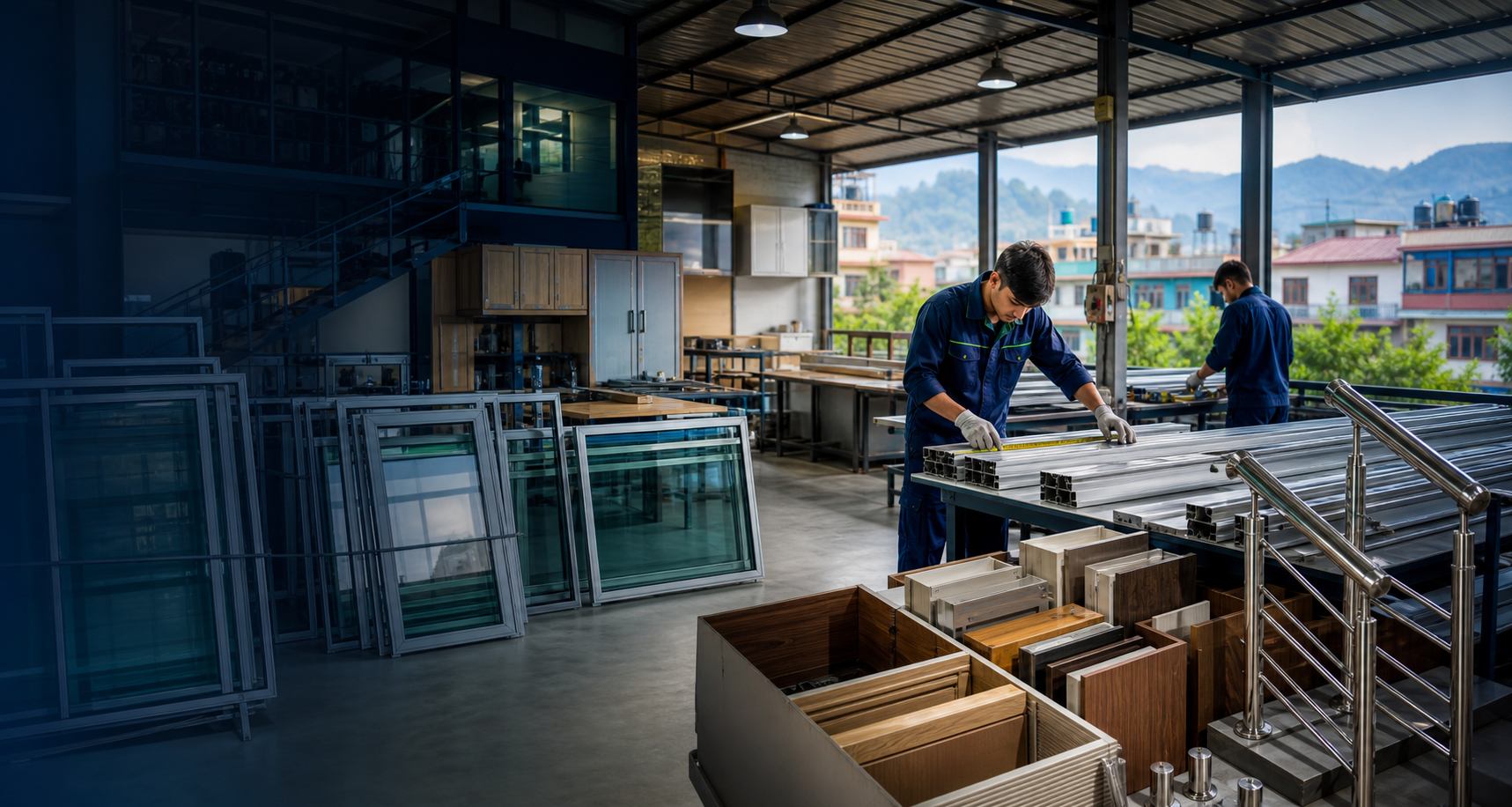 Sarth Engineering Solution workshop with workers fabricating steel structures, modular kitchen panels, and windows.